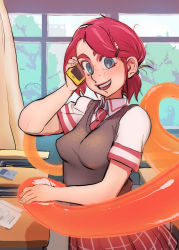 Rule 34 | 1girl, aheahead, blush, breasts, cellphone, classroom, desk, eyebrows, freckles, green eyes, hair ornament, hairclip, large breasts, necktie, perky breasts, phone, red hair, school, school desk, school uniform, schoolgirls love tentacles, short hair, smile, solo focus, sweater vest, tentacles