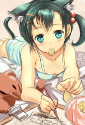 Rule 34 | 1girl, animal ears, aqua eyes, ass, black hair, blush, camisole, cat ears, cat tail, chips (food), collarbone, drawing, food, hair bobbles, hair ornament, hairclip, looking at viewer, lying, mouth hold, no panties, on stomach, original, pencil, ponytail, potato chips, sakura ani, short hair, side ponytail, sketch, solo, tail