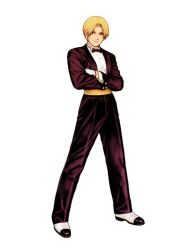Rule 34 | 1girl, androgynous, blonde hair, bow, bowtie, crossdressing, crossed arms, female focus, formal, full body, king (snk), mori toshiaki, official art, pant suit, pants, reverse trap, ryuuko no ken, short hair, smile, snk, solo, standing, suit, the king of fighters, the king of fighters 2000, tuxedo