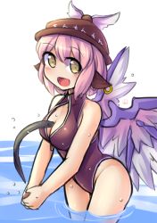 Rule 34 | 1girl, :d, alternate costume, animal, animal between breasts, animal ears, between breasts, blush, breasts, cleavage, cleavage cutout, clothing cutout, earrings, female focus, fish, front zipper swimsuit, fun bo, hat, jewelry, lamprey, large breasts, looking at viewer, meme attire, mystia lorelei, one-piece swimsuit, open mouth, pink hair, short hair, simple background, single earring, sketch, smile, solo, swimsuit, touhou, wading, water, wings, yellow eyes