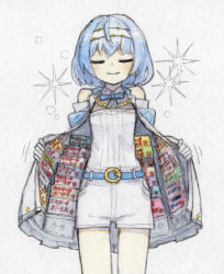 Rule 34 | 1girl, absurdres, bare shoulders, belt, blue belt, blue bow, blue bowtie, blue hair, bob cut, bone 71, bow, bowtie, cevio, chain, closed eyes, closed mouth, coat stash, collared shirt, commentary, cowboy shot, facing viewer, gloves, gold chain, hairband, halter shirt, halterneck, highres, jacket, manga (object), off shoulder, open clothes, open jacket, painting (medium), ribbed shirt, shirt, short hair, shorts, simple background, solo, sparkle, suzuki tsudumi, traditional media, translation request, watercolor (medium), white background, white gloves, white hairband, white jacket, white shirt, white shorts
