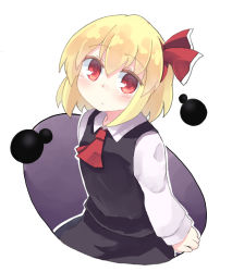 Rule 34 | 1girl, black dress, blonde hair, blush, bow, breasts, collared shirt, commentary request, dress, fang, hair bow, highres, kibisake, long sleeves, pinafore dress, red bow, red eyes, rumia, shirt, short hair, skin fang, sleeveless dress, small breasts, touhou, upper body, white shirt
