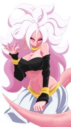 Rule 34 | 1girl, android 21, artist name, bandeau, black sclera, bracelet, breasts, cleavage, collar, colored sclera, colored skin, dragon ball, dragon ball fighterz, earrings, elbow gloves, female focus, fingerless gloves, gloves, gold bracelet, harem pants, jewelry, large breasts, long hair, looking at viewer, majin android 21, midriff, navel, neck ring, pants, pink hair, pink skin, red eyes, sethwijez, smile, solo, strapless, tail, tube top, very long hair