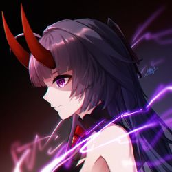 Rule 34 | 1girl, antenna hair, bare shoulders, blurry, blurry background, close-up, closed mouth, electricity, gauntlets, hair between eyes, halfmoe, honkai (series), honkai impact 3rd, horns, long hair, looking to the side, portrait, purple hair, raiden mei, raiden mei (herrscher of thunder), single gauntlet, solo