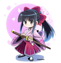 1girl artist_name black_hair bow breasts brown_eyes cherry_blossoms dragodragodran fingerless_gloves gloves hair_ribbon highres japanese_clothes large_breasts legs long_skirt looking_at_viewer petite ponytail red_bow ribbon sakura_taisen sega shinguuji_sakura skirt smile solo sword thighs weapon