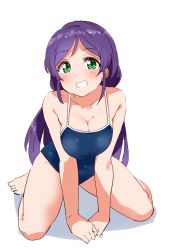 Rule 34 | 1girl, arm support, breasts, cleavage, feet, green eyes, grin, highres, kneeling, kurokawa makoto, large breasts, legs, looking at viewer, love live!, love live! school idol project, low twintails, one-piece swimsuit, purple hair, resized, smile, solo, swimsuit, thighs, third-party edit, tojo nozomi, twintails, upscaled