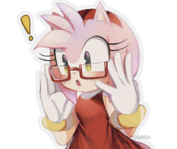 Rule 34 | !, 1girl, amy rose, animal ears, animal nose, artist name, bare shoulders, blush, bracelet, breasts, commentary, dress, english commentary, eyelashes, furry, furry female, glasses, gloves, gold bracelet, green eyes, hairband, hands up, hedgehog ears, hedgehog girl, jewelry, looking to the side, medium breasts, open mouth, pink fur, red dress, red hairband, rellyia, shadow, sleeveless, sleeveless dress, solo, sonic (series), tongue, watermark, white gloves