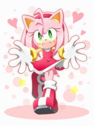 Rule 34 | 1girl, :d, amy rose, animal nose, blush, boots, bracelet, dress, eyelashes, full body, furry, furry female, gloves, green eyes, hairband, heart, heart print, hedgehog, hedgehog ears, hedgehog tail, jewelry, leg up, looking at viewer, neru (neruneruru), open mouth, outline, outstretched arms, pink hair, pink hairband, smile, solo, sonic (series), star (symbol), star print