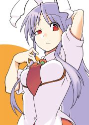 Rule 34 | 1girl, breasts, carrot, closed mouth, expressionless, from behind, kagehito, long hair, looking at viewer, medium breasts, necktie, purple hair, rabbit girl, red eyes, red necktie, reisen udongein inaba, shirt, short sleeves, solo, straight hair, stretching, touhou, two-tone background, white shirt
