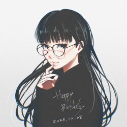 Rule 34 | 1girl, amagami, ayatsuji tsukasa, bespectacled, birthday, black eyes, black hair, black shirt, close-up, commentary, dated, expressionless, eyelashes, film grain, floating hair, from side, glasses, happy birthday, highres, lips, long hair, long sleeves, looking at viewer, looking to the side, loose hair strand, messy hair, oshizu, portrait, round eyewear, shirt, simple background, sleeves past wrists, solo, upper body, very long hair, white background