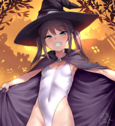 Rule 34 | 1girl, artist logo, black cape, black hair, black hat, bosshi, breasts, cape, commentary, cowboy shot, green eyes, grin, halloween, hat, highleg, highleg swimsuit, highres, long hair, orange background, original, small breasts, smile, solo, swimsuit, symbol-only commentary, white swimsuit, witch hat