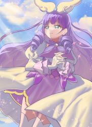 Rule 34 | 1girl, absurdres, aqua eyes, artist request, blunt bangs, bow, bowtie, cure noble, dress, drill hair, headgear, highres, hirogaru sky! precure, long hair, looking to the side, praying, precure, purple hair, solo, standing, white dress