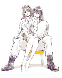 Rule 34 | 1boy, 1girl, belt, boots, bracelet, closed mouth, couple, full body, hair between eyes, hair ornament, hairclip, hands on own knees, highres, iwato suzume, jacket, jewelry, legs apart, legs together, long hair, munakata souta, on chair, open clothes, open jacket, pale color, pants, pencil skirt, pendant, simple background, sitting, sitting on lap, sitting on person, skirt, smile, sumustard, suzume no tojimari, twitter username, white background, x hair ornament