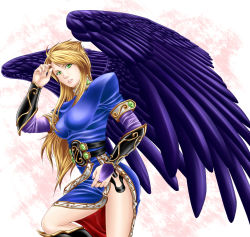 Rule 34 | 1girl, angel wings, bad id, bad pixiv id, black wings, blonde hair, boots, breasts, breath of fire, breath of fire ii, bridal gauntlets, chico&amp;aoi, dress, green eyes, large breasts, legs, long hair, nina (breath of fire ii), side slit, thighs, wings