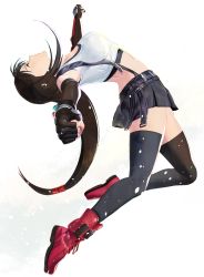 Rule 34 | 1girl, arched back, black gloves, black thighhighs, boots, brown hair, clenched hands, closed mouth, cofffee, crop top, final fantasy, final fantasy vii, fingerless gloves, floating hair, from side, gloves, long hair, red footwear, solo, suspenders, tank top, thighhighs, tifa lockhart, very long hair, white background, white tank top