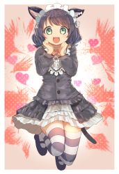 Rule 34 | 10s, 1girl, animal ears, black hair, blush, cat ears, cat tail, curly hair, cyan (show by rock!!), green eyes, jumping, long hair, looking at viewer, miniskirt, niizuka (c-drop), open mouth, petticoat, show by rock!!, skirt, smile, solo, striped clothes, striped thighhighs, tail, thighhighs, zettai ryouiki