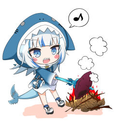 Rule 34 | 1girl, :d, animal hood, blue eyes, blue hair, blue hoodie, blue socks, blush stickers, chibi, colored shadow, commentary request, drawstring, eighth note, fins, fire, fish tail, food, full body, gawr gura, gawr gura (1st costume), grey hair, holding trident, hololive, hololive english, hood, hood up, hoodie, komakoma (magicaltale), leaf pile, multicolored hair, musical note, open mouth, roasted sweet potato, shadow, shark girl, shark hood, shark tail, sharp teeth, shoes, simple background, smile, socks, solo, spoken musical note, standing, streaked hair, sweet potato, tail, teeth, virtual youtuber, white background, white footwear