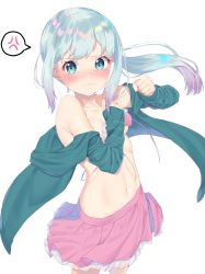 Rule 34 | 1girl, anger vein, bare shoulders, bikini, blush, breasts, closed mouth, collarbone, commentary request, covering privates, covering breasts, eromanga sensei, gradient hair, green hair, green jacket, highres, izumi sagiri, jacket, k mugura, long hair, long sleeves, looking at viewer, multicolored hair, navel, nose blush, open clothes, open jacket, pink bikini, pink skirt, pleated skirt, ponytail, purple hair, silver hair, simple background, skirt, sleeves past wrists, small breasts, solo, spoken anger vein, swimsuit, tears, very long hair, white background