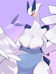 Rule 34 | 1girl, absurdres, bare shoulders, black eyes, blue leotard, blush, blush stickers, body fur, breasts, cleavage, collarbone, creatures (company), fangs, female focus, furry, furry female, game freak, gen 2 pokemon, half-closed eyes, hands up, highres, kame (3t), large areolae, large breasts, legendary pokemon, leotard, looking at viewer, lugia, nintendo, nipple slip, nipples, open mouth, personification, pokemon, pokemon (creature), purple background, simple background, skin fangs, slit pupils, solo, standing, strapless, strapless leotard, tail, tongue, white fur, wide hips, wings