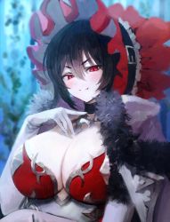 Rule 34 | 1girl, black choker, black hair, bonnet, breasts, choker, cleavage, elbow gloves, fang, gloves, hair between eyes, half-closed eyes, highres, illya (princess connect!), large breasts, looking at viewer, princess connect!, red eyes, solo, sonchi, split mouth, upper body, white gloves