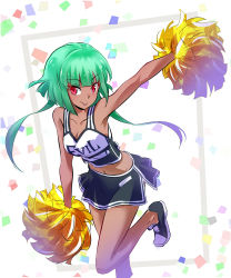 Rule 34 | 1girl, :p, arm up, armpits, bare legs, black footwear, black skirt, blunt bangs, bob cut, breasts, cheerleader, cleavage, closed mouth, clothes writing, collarbone, commentary request, confetti, dark-skinned female, dark skin, emerald sustrai, green hair, highres, holding, iesupa, leg up, looking at viewer, medium breasts, miniskirt, navel, outstretched arm, pom pom (cheerleading), red eyes, rwby, shoes, short hair with long locks, side slit, skirt, sleeveless, smile, sneakers, solo, standing, standing on one leg, tongue, tongue out, tsurime, two-tone background