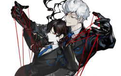 Rule 34 | 1boy, 1girl, black gloves, black hair, black jacket, black pants, blue necktie, bound, bound fingers, claws, closed eyes, closed mouth, collared shirt, elena (project moon), gloves, jacket, jae-heon, library of ruina, long sleeves, looking to the side, necktie, nishikujic, pants, project moon, puppet strings, red eyes, shirt, simple background, white background, white shirt