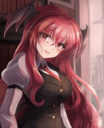 Rule 34 | 1girl, bat wings, black vest, blush, book, breasts, collared shirt, demon wings, fang, head wings, highres, juliet sleeves, koakuma, large breasts, library, long hair, long sleeves, looking at viewer, namiki (remiter00), necktie, open mouth, pointy ears, puffy sleeves, red eyes, red hair, red necktie, shirt, sidelocks, smile, solo, touhou, vest, white shirt, wings
