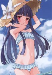 Rule 34 | 1girl, :o, absurdres, arms up, bikini, blue bikini, blue hair, blue sky, blunt bangs, blush, bow, breasts, brown hat, cloud, cowboy shot, day, eluthel, flat chest, frilled bikini, frills, hands on headwear, hat, hat bow, highres, idolmaster, idolmaster cinderella girls, long hair, looking at viewer, navel, non-web source, outdoors, parted lips, red eyes, sajo yukimi, scan, sky, small breasts, solo, stomach, straw hat, sun hat, swimsuit, wading, water, water drop, wet, white bikini