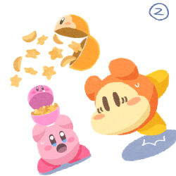 Rule 34 | blue eyes, blush stickers, food, highres, kirby, kirby (series), kirby cafe, miclot, nintendo, no humans, open mouth, pink footwear, potato wedges, shoes, simple background, surprised, sweat, takeout container, tripping, waddle dee, white background, yellow footwear