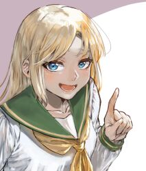 Rule 34 | 1girl, 7th stand user, :d, blonde hair, blue eyes, blush, commentary, english commentary, female protagonist (7th stand user), green sailor collar, hand up, index finger raised, jojo no kimyou na bouken, long hair, long sleeves, looking at viewer, lower teeth only, neckerchief, open mouth, purple background, sailor collar, school uniform, serafuku, shirt, simple background, smile, solo, teeth, two-tone background, upper body, white background, white shirt, yellow neckerchief, yoi okayu
