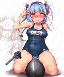 Rule 34 | 10s, 1boy, 2girls, admiral (kancolle), bare shoulders, blue hair, blush, breasts, bursting breasts, cameltoe, cleavage, collarbone, covered navel, fat mons, full-face blush, heart, heart-shaped pupils, highres, i-19 (kancolle), imazon, kantai collection, kneeling, large breasts, long hair, multicolored hair, multiple girls, name tag, naughty face, nose blush, one-piece swimsuit, pink eyes, ryuujou (kancolle), saliva, school swimsuit, solo focus, stomach, straddling, swimsuit, symbol-shaped pupils, taut clothes, taut swimsuit, tears, torpedo, translation request, trembling, two-tone hair