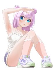 Rule 34 | 1girl, absurdres, arm up, armpits, assault lily, bare arms, bare shoulders, blue eyes, blue shorts, blunt bangs, blush, camisole, chestnut mouth, collarbone, commentary request, double bun, frilled camisole, frills, from below, full body, green footwear, hair bun, highres, knees together feet apart, knees up, leggings, long hair, looking at viewer, multicolored footwear, open mouth, pink hair, purple footwear, reebok, reebok pump, saetusum, see-through, see-through legwear, shading eyes, shoes, short shorts, shorts, simple background, sitting, sneakers, solo, spaghetti strap, tanba akari, white background, white camisole, white leggings