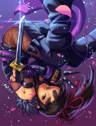 Rule 34 | 10s, 1girl, alternate costume, arm ribbon, armor, between fingers, black gloves, black hair, chain, closed mouth, detached sleeves, dual wielding, fingerless gloves, fishnets, glint, gloves, gradient background, green eyes, hair ornament, hamaguchi ayame, highres, holding, holding sword, holding weapon, holster, idolmaster, idolmaster cinderella girls, japanese armor, japanese clothes, kunai, lc butter, leg ribbon, light rays, long hair, looking at viewer, looking to the side, ninja, ninjatou, petals, ponytail, purple background, purple ribbon, ribbon, rope, sash, scarf, short sword, shuriken, side slit, smile, solo, sword, tassel, thigh holster, upside-down, weapon