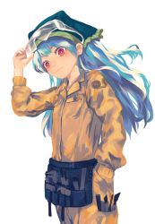 Rule 34 | 1girl, alternate costume, arm up, berabou, blue hair, closed mouth, collar, eyewear on head, glasses, green headwear, green scarf, hand in pocket, hand up, haniyasushin keiki, highres, instrument, long hair, long sleeves, looking away, pants, pocket, red eyes, scarf, shirt, simple background, smile, solo, standing, touhou, white background, yellow pants, yellow shirt