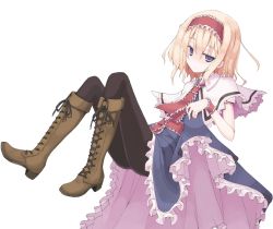 Rule 34 | 1girl, alice margatroid, black pantyhose, blonde hair, blue eyes, boots, capelet, cross-laced footwear, dress, lace-up boots, looking at viewer, mochiki, pantyhose, short hair, simple background, solo, touhou, white background, wrist cuffs
