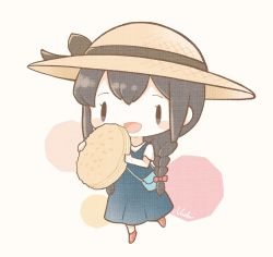 Rule 34 | 1girl, alternate costume, black hair, blue dress, blush stickers, braid, chibi, cookie, dress, food, full body, hair ribbon, hat, highres, holding, holding cookie, holding food, isonami (kancolle), kantai collection, long hair, nada namie, open mouth, red footwear, ribbon, shirt, signature, simple background, solo, sun hat, twin braids, white shirt
