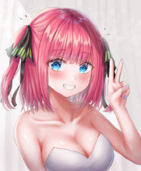 Rule 34 | 1girl, absurdres, bare shoulders, blue eyes, blush, breasts, cleavage, collarbone, fingernails, go-toubun no hanayome, hair ornament, highres, large breasts, looking at viewer, nail polish, nakano nino, ribbon, salute, short hair, simple background, smile, solo, syatihoko, teeth, two-finger salute