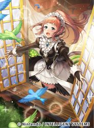 Rule 34 | 1girl, animal, aqua eyes, bird, black dress, black thighhighs, blush, breasts, chachie, chair, commentary request, company connection, copyright name, day, dress, feather trim, feathers, felicia (fire emblem), fire emblem, fire emblem cipher, fire emblem fates, gem, indoors, jewelry, light particles, long hair, long sleeves, maid, maid headdress, medium breasts, nintendo, official art, open mouth, open window, pink hair, puffy sleeves, short dress, sidelocks, solo, sparkle, thighhighs, window, zettai ryouiki