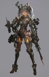 Rule 34 | 1girl, armor, blue hair, blurry, bodysuit, covered navel, expressionless, eyelashes, full body, grey background, gun, hand on own hip, headgear, high heels, holding, holding gun, holding weapon, knee pads, lens, lm7 (op-center), looking at viewer, machinery, original, power armor, red eyes, science fiction, short hair, shoulder pads, simple background, skin tight, solo, standing, twintails, two side up, weapon