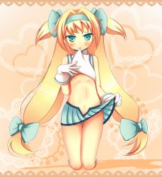 Rule 34 | 1girl, arc system works, bare shoulders, blazblue, blazblue: continuum shift, blonde hair, blush, bow, clothes lift, flat chest, gloves, godharo1, green eyes, hair bow, hairband, heart, highres, kneeling, long hair, low-tied long hair, mouth hold, navel, panties, pantyshot, platinum the trinity, quad tails, shirt lift, skirt, skirt lift, solo, twintails, two side up, underwear, upskirt, very long hair