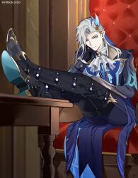 Rule 34 | 1boy, :|, ascot, black gloves, blue gemstone, blue sleeves, chair, closed mouth, gem, genshin impact, gloves, hand on own chin, highres, indoors, lapels, legs on table, long hair, male focus, multicolored hair, neuvillette (genshin impact), patreon username, peaked lapels, sitting, slit pupils, solo, streaked hair, table, white ascot, white hair, yukaero4