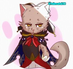 Rule 34 | 1girl, black ribbon, cape, cat girl, cat tail, furry, gloves, grimms notes, hair ribbon, highres, hiimahii10, josephine (grimms notes), looking to the side, ribbon, skirt, solo, tail, twitter username, upper body, white background, white fur, white gloves, yellow eyes