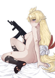 Rule 34 | 1girl, arm support, ass, bandaid, bed sheet, blonde hair, blue eyes, blush, breasts, closed mouth, commentary, from side, full body, girls&#039; frontline, gun, hair ornament, hairclip, highres, holding, holding gun, holding weapon, long hair, low-tied long hair, nipples, nude, pp-19-01 (girls&#039; frontline), pp-19-01 vityaz, simple background, sitting, socks, solo, submachine gun, trigger discipline, very long hair, weapon, white background, zakirsiz
