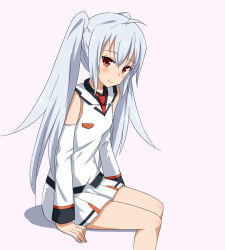 Rule 34 | 1girl, arm support, blush, detached sleeves, finger gun, hair between eyes, highres, invisible chair, isla (plastic memories), long hair, looking at viewer, miniskirt, plastic memories, pleated skirt, red eyes, red neckwear, shirt, silver hair, simple background, sitting, skirt, sleeveless, sleeveless shirt, smile, solo, toron (toron-to), twintails, very long hair, white background, white shirt, white skirt