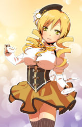 Rule 34 | 10s, 1girl, bad id, bad pixiv id, beret, blonde hair, breasts, cup, drill hair, hair ornament, hat, large breasts, magical girl, mahou shoujo madoka magica, mahou shoujo madoka magica (anime), pleated skirt, puffy sleeves, skirt, solo, teacup, thighhighs, tomoe mami, yellow eyes, yuzucky, zettai ryouiki