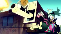 Rule 34 | animated, anime screenshot, colored sclera, cyberpunk (series), cyberpunk 2077, cyberpunk edgerunners, firing, gun, machine gun, muzzle flash, official art, pale skin, rebecca (cyberpunk), screencap, video, weapon