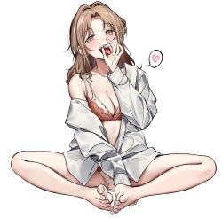 Rule 34 | 1girl, absurdres, blonde hair, blouse, bra, butterfly sitting, feet, fellatio gesture, hand to own mouth, highres, ichikawa hinana, idolmaster, idolmaster shiny colors, indian style, lingerie, nakamura rohane, no pants, open clothes, open shirt, oversized clothes, oversized shirt, panties, parted bangs, shirt, simple background, single bare shoulder, sitting, solo, tagme, underwear, white background, white shirt