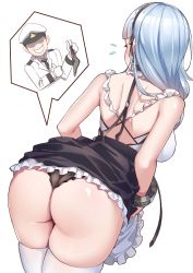 Rule 34 | 1boy, 1girl, ass, azur lane, back, bare shoulders, black panties, black skirt, blue hair, breasts, dido (azur lane), earrings, frills, hairband, jewelry, large breasts, long hair, open mouth, panties, shiroi ume, skirt, smile, thighhighs, thighs, underwear, white thighhighs
