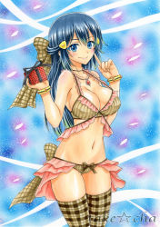 Rule 34 | 1girl, bare shoulders, blue eyes, blue hair, blush, bow, bow panties, bra, bracelet, breasts, cleavage, collarbone, creatures (company), dawn (pokemon), game freak, gift, hair bow, hair ornament, jewelry, large breasts, lingerie, long hair, looking at viewer, matching hair/eyes, navel, necklace, nintendo, panties, plaid, plaid legwear, pokemon, smile, solo, standing, strap gap, striped bra, striped clothes, striped panties, takecha, thighhighs, underwear