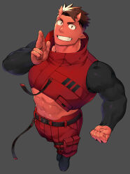 Rule 34 | 1boy, abs, bara, belt, biceps, brown hair, colored skin, cropped jacket, demon, demon boy, demon horns, grey background, highres, horns, jacket, legband, long sleeves, looking at viewer, male focus, manly, mature male, muscular, muscular male, naop (anything), original, pants, pectorals, pointy ears, red eyes, red skin, shoes, simple background, smile, solo, spiked hair, teeth, thick arms, thick eyebrows, undercut